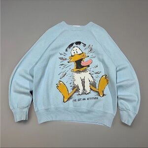 VTG 70s Mens Light Blue Donald Duck I've Got An Attitude Sweatshirt Kidcore L